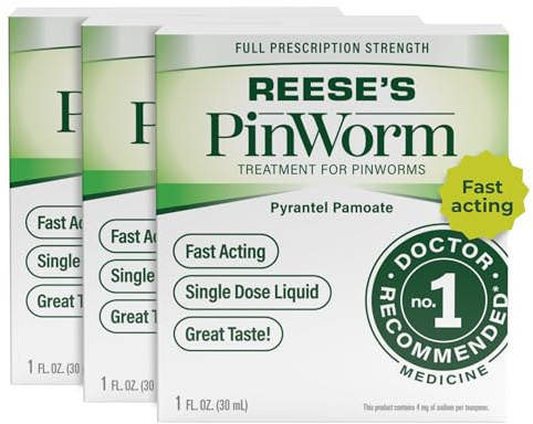 REESE'S PINWORM Medicine Liquid for Entire Family, Full Prescription Strength, 1 Oz (Pack of 3), #1 Doctor Recommended Single Dose Pyrantel Pamoate Dewormer for Adults & Kids Ages 2+, Banana Flavor