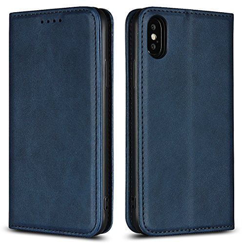 Copmob Case compatible with iPhone X/XS,Flip Leather Wallet Case,[3 Card Holders][Stand Holder][Magnetic],Protective Cover Phone Case - Blue