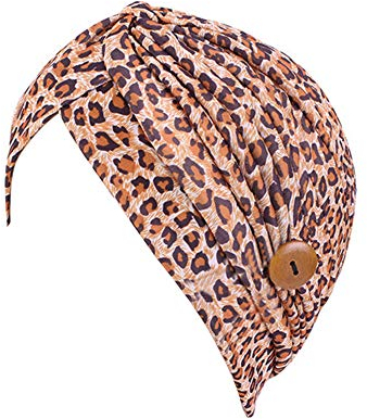 MoreChioce Turban mit Knopf,Damen Weiche Baumwolle Headwrap Elastische Mode Kopftuch Cap Kappe Hijab Headscarf Indische Bandana für Chemotherapie Haarverlust,Leopard