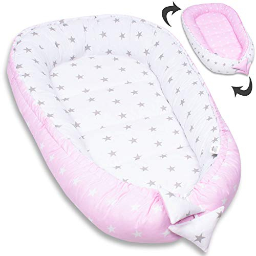 PaLulli Babynest Babynestchen 50x90 cm Babykokon, 2seitig, 100% Baumwolle, Nestchen für Babybett, Kuschelnest, Kissen, Reisebett für Baby und Säuglinge (Sterne D)