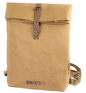 Bonizetti Rucksack KANSAS - Freizeitrucksack 26 x 13 x 35cm aus veganem und wasserabweisendem Kraftpapier Karamell Papierrucksack, umweltschonend, Daypack, Roll Top, Naturmaterialien, Tasche