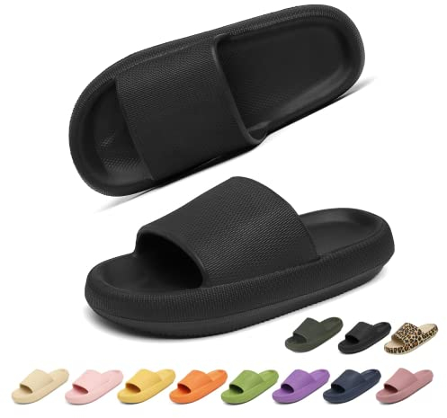Geweo Hausschuhe Damen Badelatschen Herren Dick Eva Cozislides Original Slippers Super Weich Wolken Hausschuhe Badeschlappen rutschfeste Badeschuhe Bequem Pantoletten Slides Unisex Schwarz 42/43EU