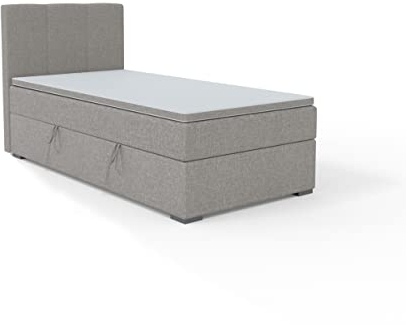 FEDVE Boxspringbett 100x200 Grau – Gandia Mini – Praktisches Bett mit Bettkasten Rechts – Gemütlich Kopfteil Bett mit Matratze – Einzelbett zum Schlafzimmer