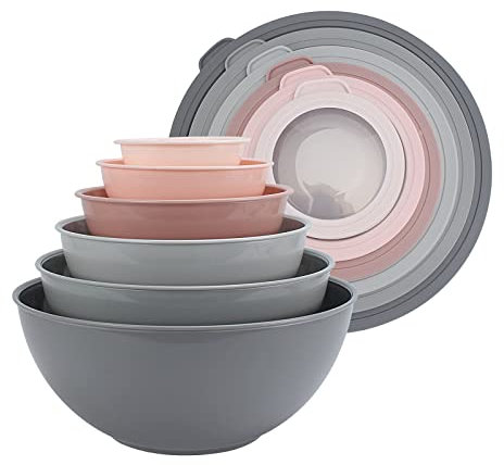 COOK WITH COLOR Mixing Bowls with TPR Lids - 12 Piece Plastic Nesting Bowls Set includes 6 Prep Bowls and 6 Lids, Microwave Safe Mixing Bowl Set (Pink Ombre)