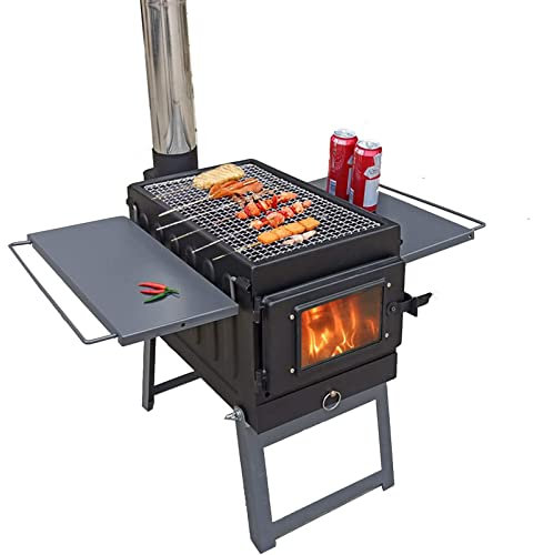 HSRG Zeltofen, Tragbarer 2-in-1-Holzofen Mit Rostfreien Wandkaminrohren Und -Seiten, Zeltheizung Mit Kohlenmonoxidalarm, Für Wintercamping, Kochen Im Freien, Wohnmobil-Campingausflüge