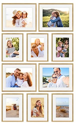 PHOTOLINI goldene Bilderrahmen Set verschiedene Größen, 10 MDF Holz Bilderrahmen mit Passepartout, Bilder Rahmen mit Acrylglas, Bilderrahmenset zum Aufhängen, Fotowand Fotorahmen Set & Zubehör