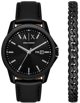 Armani Exchange Herrenuhr 3-Zeiger-Werk Wochentag Datum Edelstahl schwarz, AX7147SET