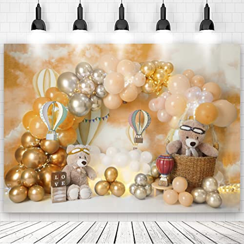 5x3ft Baby First Birthday Backdrop Boy Girl Gold Balloons Bear 1st Birthday Party Cake Smash Backdrops for Photography One Birthday Party Decorations Background Photo Shoot Banner
