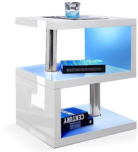High Gloss Bedside Table with RGB LED Lights 2 Tier Shelf Side Table for Bedroom and Living Room End Table Nightstand Side Tables Small Spaces for Bedroom Furniture, White