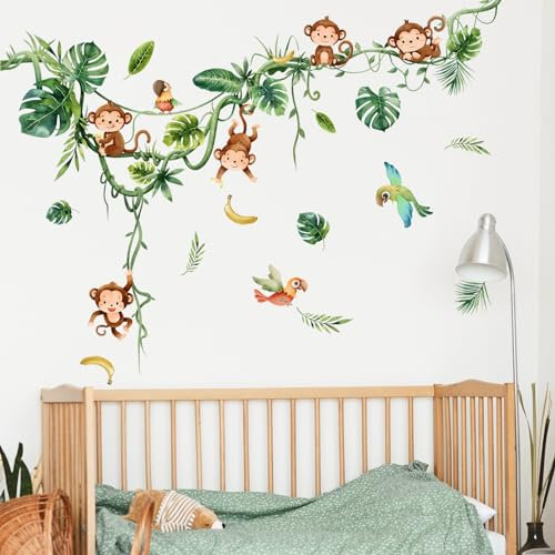 Supzone Wandtattoo Affe klettert auf Baum Wandaufkleber Hängende Tropische Blätter Vögel Wandsticker Dschungel Jungenzimmer Wand Dekor für Kinderzimmer Babyzimmer Schlafzimmer Wanddeko