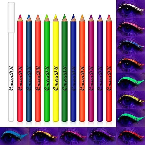 KYDA 12 Farben Leuchtender UV Eyeliner Set, Glow Eyeliner Stift, wischfester Neon Eyeliner, leuchtender Eyeliner Stift mit Spitzer