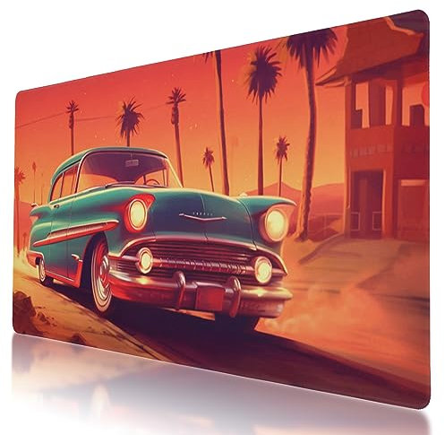 Tapis de souris de jeu imprimé voiture classique grande taille, 90 x 40,6 cm, bords cousus, base antidérapante, surface imperméable