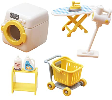 Luwecf 5Pcs Dolllhouse Laundry Room Set Miniature Dollhouse Decoration Accessories Pretend Play Toys Including Vacuum Cleaner,Washing Machine,Shelf,Cart,Ironing Stand for Children Girls Boys