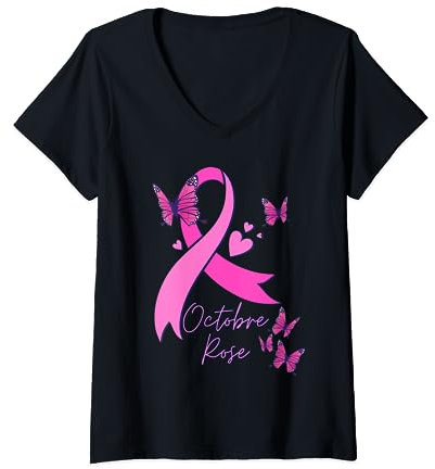 Femme Cancer du Sein Octobre Rose, Lutte au Cancer du Sein 2023 T-Shirt avec Col en V