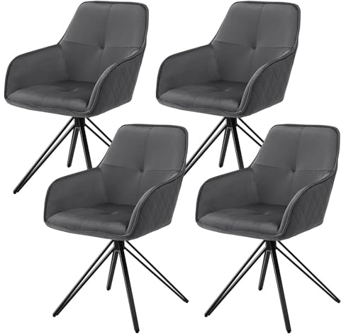 Juskys Drehstuhl Clyde mit Armlehne 4er Set - Esszimmerstuhl modern mit Stoff Bezug - Polsterstuhl Esszimmer - 120 kg belastbar - Stuhl Samt Dunkelgrau