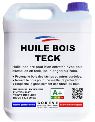 Huile Teck - Codeve Bois - 5 L - Intérieur/extérieur - Incolore Pour La Protection D'un Meuble De Jardin, Sol Ou Terrasse Teck.