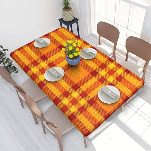 Tischdecke, wasserdichte Tischdecke mit elastischen Kanten, 1,2 m für die Küche, orange und gelb kariert