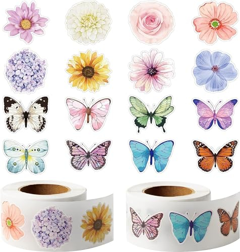 EGuangwiua 1000 Stück Assorted Schmetterling Blume Aufkleber - Multicolor, Floral, Aufkleber, Papierrein, Indoor, für Schmetterling Blume Natur oder Garten Stil Liebhaber