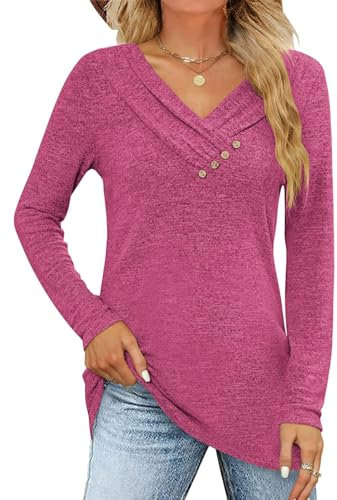 ABYOVRT Maglia a Manica Lunga Donna Maglione Donna Elegante V Scollo Bottoni Maglietta Causale Allentato T-Shirts Casuale Primavera,Rosa,XL
