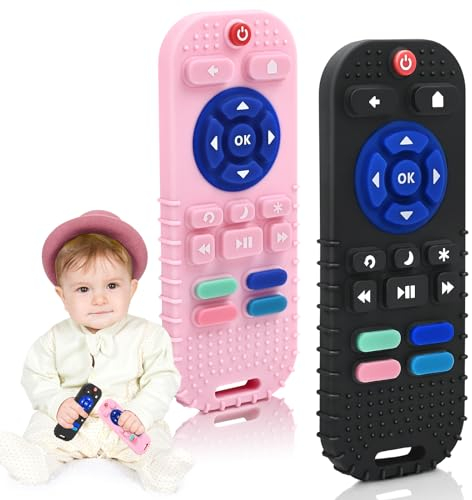 Zahnen Beißringe Spielzeug für Babys 0-6-18 Monate Geschenke, Fernbedienung Baby Zahnungshilfe für 3 6 9 12 Monate Kleinkind Autismus, Lebensmittelqualität Silikon Badespielzeug, Schwarz&Rosa