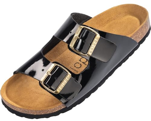 Palado Pantoletten Damen Korfu Lack - gefertigt in Spanien - glänzende Oberfläche - Veloursleder-Decksohle - bequemes Weichfußbett - rutschfeste EVA-Sohle Schwarz/Gold UK6 - EU39