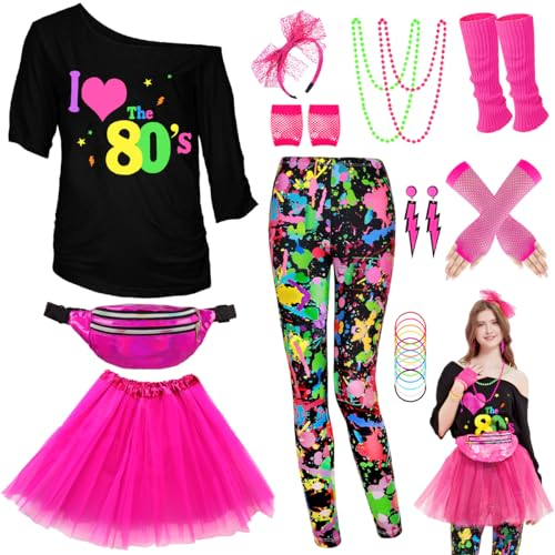 80er 90er Jahre Outfit Leggings Bunte Damen, Neon Kleidung Bauchtasche TuTu Stirnband Ohrring Halskette Netzhandschuhe Stulpen Accessoires, Karneval Halloween Thema Mottoparty Kostüm Hose, 3XL