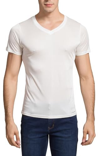MOONSIYU Mens Soft Silk T-Shirts Short Sleeve Pure Silk Dress Tee Shirts Breathable V-Neck Undershirt Top(V-White,S)