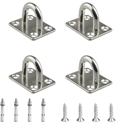 FENGLINGCHENGA 4PCS M6 Square Pad Eye Plate Stainless Steel Ceiling Hooks Metal Suspension U Hooks Shape Staple Ring Loop with Screws for Wall Ceiling Hanging 30 Screws and 4 Expansion Screws