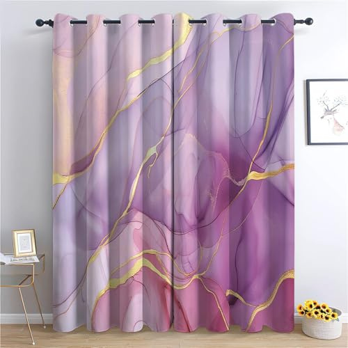 CozyRest Gardinen Kinderzimmer Schlafzimmer 230 x 117 cm (H x B) Thermovorhang Verdunkelungsvorhang Abstrakte Goldene Linien Jungen Vorhänge Lila Flüssige Formen Blickdicht Ösenvorhang 2Er Set