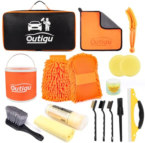 Outigu Car Cleaning Kit with Storage Bag, Car Washing Kit 16 Pcs, Car Detailing Kit with Wash Mitt Sponge Towels, Car Wash Mitt, Detailing Brushes, Exterior and Interior Car Washing Set (16)