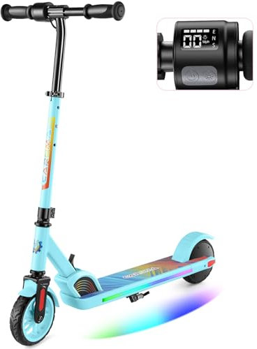 Caroma E Scooter für Kinder Alter 6-14, 180W Motor, 16 km/h, 80 mins Fahrzeit, einstellbare Geschwindigkeit und Höhe, Bunte Lichter, LED-Anzeige, Faltbarer Kinder Elektroroller Dunkelblau