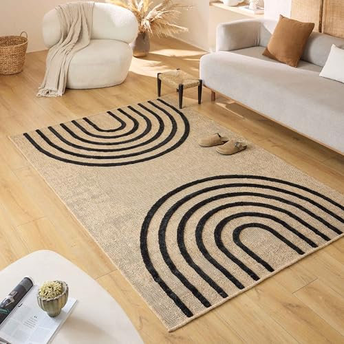 Nazar Palmateppich, Natur, Jute-Look, Naturteppich für Wohnzimmer, Schlafzimmer, Flur, Boho-Teppich, Naturfarbe (9495 schwarz, 80x150 cm)