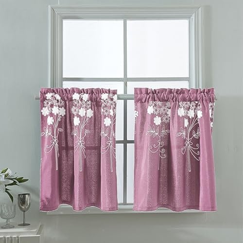 KnSam 2er Set Küchen Bistrogardine Muster, Blumen Blätter Stickerei Scheibengardine Kurz Halbtransparent, Rod Pocket Polyester Durchlässige Vorhänge für Küche Wohnzimmer Landhaus, BxH 130x41cm