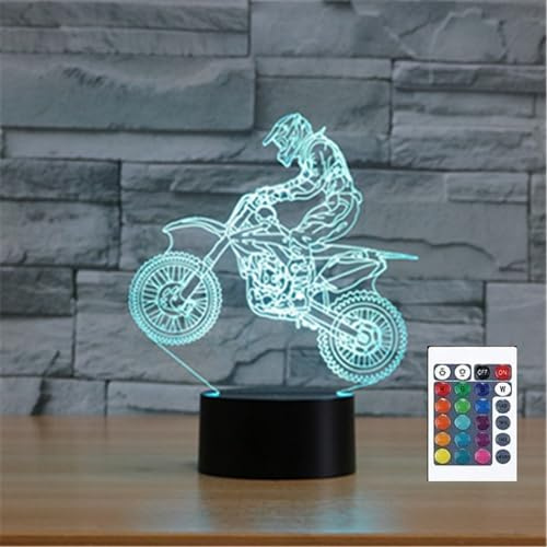 FLRXHK Motocross 3D-Illusions-Nachtlicht, Touch-Tischlampe mit Fernbedienung, 16 Farben, optisches USB-LED-Nachtlicht für Kinder, Geschenk, Raumdekoration