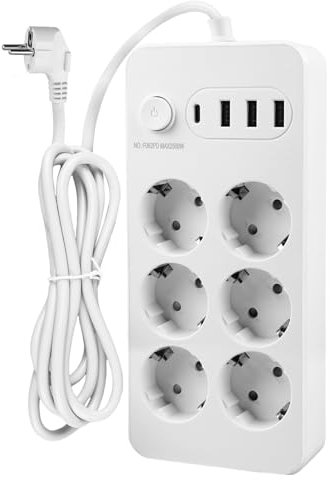 Regleta USB con interruptor, adaptador de enchufe 6 enchufes, enchufe USB, protector contra sobretensiones 2500 W, 10 A, regleta con toma de distribución USB C, cable de 2 m
