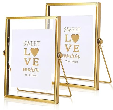 YushengTai Glasbilderrahmen, 2 Stück Bilderrahmen Gold 15x20 cm Glasbilderrahmen Stehend, Bilderrahmen Doppelglas, Glasrahmen für DIY Bilder, Gepresste Blumen, Schreibtisch Deko (Gold)