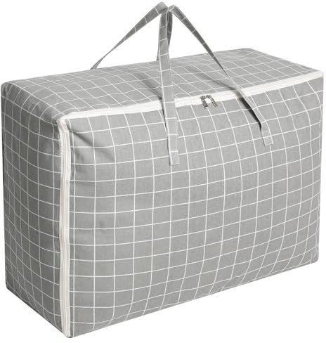Cozary Aufbewahrungstasche Groß, 105L Umzugstaschen mit Handgriff, Wasserdichte Tragetasche für Kleidung, Decken, Kissen - 70 x 50 x 30 CM - Graues Karomuster