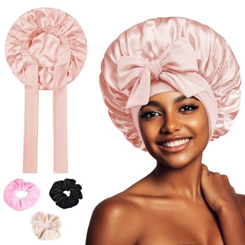 lafo 1 Stück Schlafmütze Satin Bonnet Nacht Schlaf Schlafhaube Seide mit 3 Haargummis Seidenhaube zum Schlafen Bonnet Sleep Cap für Damen und Mädchen (rosa)
