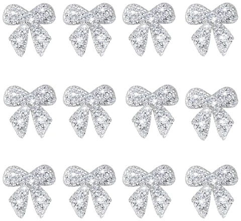 12Pcs Bow Knot Rhinestone Patches Sparkling Crystal Bow Iron on Patches Glitter Applique Patch Embroidered Patch for Jeans Hats Backpacks Clothes Bags Shoes Decorations Crafts, Silver