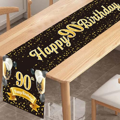 Tischläufer 90. Geburtstag Schwarz Gold - 90 Geburtstag Deko, Happy 90th Birthday Tischband für Männer und Frauen - Perfekt für Jubiläumsfeiern, Partys und Dinnerdekoration - 180x35 cm