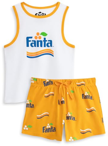 Coca-Cola Fanta Women's White and Orange Pyjama Set | Sleeveless Vest and Shorts Sleepwear | Comfortable Nightwear with Logo | Relaxation Apparel for Home - Medium