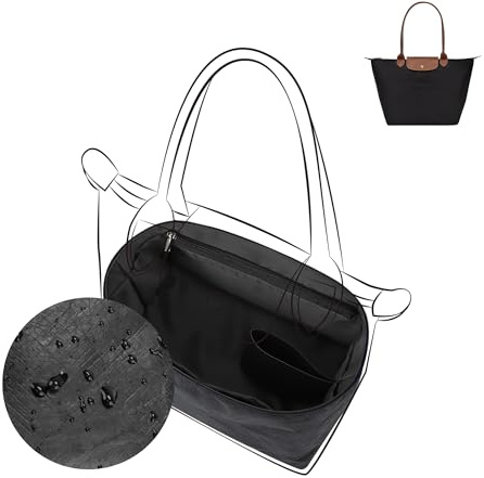 DGAZ Leichter Taschenorganizer für Longchamp Le Pliage M Langer Griff, Noir | Satin Innenfutter, Wasserabweisendes DuPont Papier, Reißverschlusstasche, Flaschenhalter, Passgenau