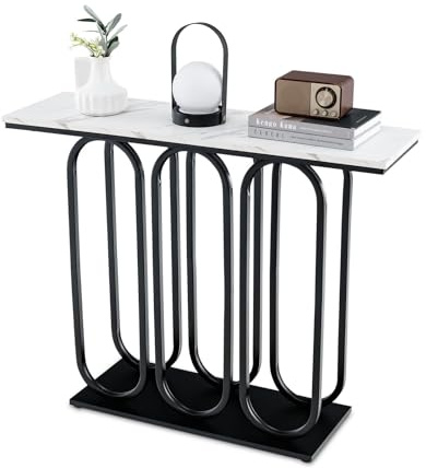 FANTASK Table Console Moderne avec Structure en métal, Table Console étroite avec Aspect marbre pour Salon, Couloir, Chambre à Coucher, entrée, 100 x 30 x 80 cm (Blanc et Noir)