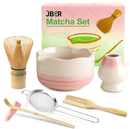 JBER Matcha Set Rosa, Matcha Besen Set 7 Teiliges - Bambusbesen, Matcha Schale mit Ausgießer, Sieb und Zubehör, Perfekt für Matcha-Liebhaber - Farbverlauf Pink
