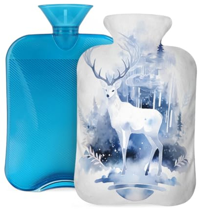 Wärmflasche mit Bezug, 2 l, Blaues Aquarell-Elch, Wärmflaschen für Erwachsene, Wärmer/Schmerzlinderung