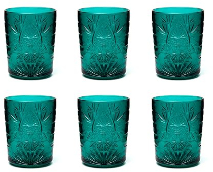 Excelsa Color Tumbler Set 6 Bicchieri in Vetro Decorati, Multicolore, Decoro in Rilievo, 350 ml, 8x10cm (Verde Scuro)