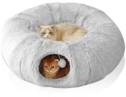 RNPKZ Katzentunnel, Katzentunnel Rund, Großer Katzentunnels mit Zwei Eingängen Katzenhöhle, Katzen Donut mit Katzenbett, Katzen Tunnel mit Fellknäuel, Interaktives Katzenspielzeug für Indoor (85×26cm)
