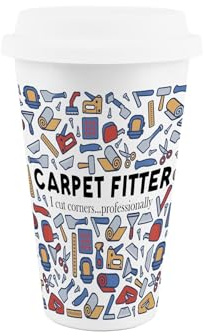Purely Home Carpet Fitter Ceramic Travel Mug - Gifts for Carpet Fitters - Reusable Silicone Lid Double-Walled Insulated Drinks Flask Cup