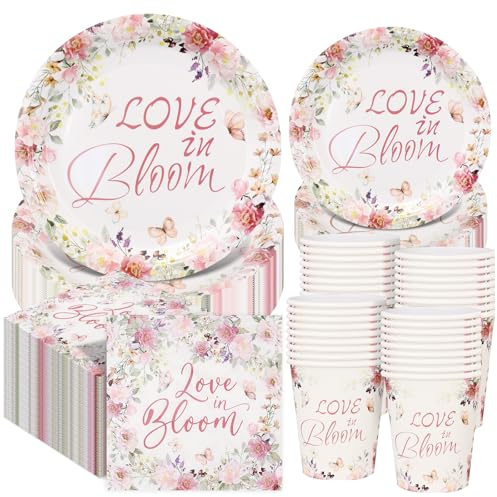 250 Pcs Pink Floral Party Tableware Set for Wedding, Vintage Style, Paper | Disposable Wedding Tableware Set, Includes Disposable Dessert Plates, Paper Cups and Napkins for Bridal Shower, Party