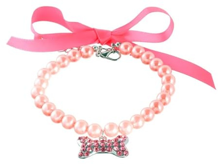 Diamant-Hundehalsband Süße Haustier Perlenkette Schleife Katze Hundehalsband Diamant Knochen Anhänger verstellbare Krawatte Schmuck kleine Accessoires(Rose,L)